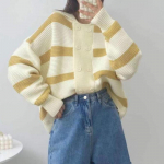 Naiste triibuline kontrastv&auml;rvi kootud kampsun, s&uuml;gis, uus korea &scaron;ikk, magus kardigan, vintage voodipesu kraega džemprid One Size must
