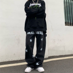 Meeste Y2K riided tr&uuml;kitud Strar vintage must kottis teksad Meeste sirged p&uuml;ksid High Street Denim P&uuml;ksid T&auml;navar&otilde;ivad Naistele Kvaliteetne M must