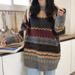 Vintage kampsunid Naiste Pullover Talvised triibulised džemprid Korea stiilis lahtised džemprid kudumid vabaaja avar sviiter, t&otilde;mmatud Femme One Size valge