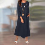 (Qunide) Naiste mood &uuml;hev&auml;rviline &uuml;mmargune kaelus, n&ouml;&ouml;ptasku, pikkade varrukatega vintage puuvillane linane pikk kleit S tumesinine v&auml;rv