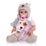 NPK 42 cm Bebe Doll Reborn Beebi nukk sinises kleidis, T&auml;is kehaga pehmest silikoonist realistlik vannim&auml;nguasi 42cm roosa