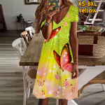 Suvemood naiste V-kaelusega l&uuml;hikeste varrukatega s&auml;delev sinine liblikaga tr&uuml;kitud kleit, sekskleit XS sinine