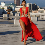 Lahti &uuml;hev&auml;rviline Seksikas moodne pulma-&otilde;htukleit V-kaelusega l&otilde;hki puhastav pikk kleit vabaajakleit L punane