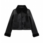 Naiste kunstnahast jope PU karusnahast integreeritud taskuga naiste motomantel S&uuml;gisene paks soe fliis, &uuml;herealine naiste mantel M must