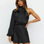 Seksikas klubi naiste &otilde;htukleit satiinist pikkade varrukatega &uuml;he &otilde;laga Elegantne peokleit Naine Soliidne k&otilde;rge v&ouml;&ouml;kohaga &otilde;hukesed l&uuml;hikesed kleidid 30635 M must