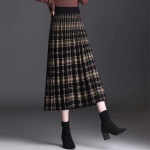 MOUKYUN Vintage Fashion Knitting Printing Plisseeritud A-line seelik Naiste Klassikaline kvaliteetne Korea universaalne s&uuml;gistalveseelik One Size kohv