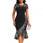 Tikitud litriga kalasaba kleit O-kaelusega l&uuml;hikeste varrukatega elegantne pitsist &otilde;htupeokleit, volangidega kontorikleit Bodycon XL must