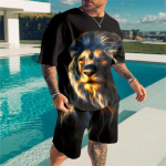 Suvemood Liontiger 3D Prindiga meeste l&uuml;hikeste varrukatega T-s&auml;rk l&uuml;hikesed p&uuml;ksid 2-osalised komplektid Meeste vabaaja t&auml;nava &uuml;lisuur spordi&uuml;likond S