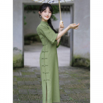 Hiina traditsiooniline t&auml;iustatud Cheongsam, kunstiline retro elegantne pikk kleit 2XL roheline