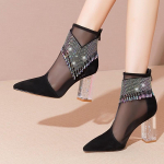 8CM Heel height Mesh boots toe sandals women's pointed thick heels, high-end mesh hollowed out shoes 35 must
