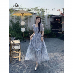 Retro ruudukujulise kaelusega lilleline kleit naistele suvine uus super haldjalik Mori v&ouml;&ouml;kohast &otilde;huke puidust k&otilde;rva&auml;&auml;rega pikk kleit S lilla