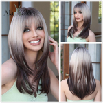 ALAN EATON s&uuml;nteetilised parukad, pikad sirged kihiline soeng Ombre tumepruun blond hall tuhkpunane tukkidega naiste parukas