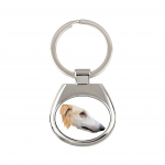 Borzoi, Russian Hunting Sighthound, Russian Wolfhound - geometric keychain with a photo and the inscription Art-Dog valge