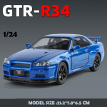 2024. aasta uus 1/24 Nissan Skyline GTR-R34 Fast & Furious sulamist automudel Helivalgus, kollektiivne miniatuurne Voiture Diecast m&auml;ngus&otilde;iduki kingitus poisile sinine