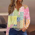 Naiste mood vabaaja tr&uuml;kitud V-kaelusega pikkade varrukatega dekoratiivse n&ouml;&ouml;biga T-s&auml;rgi topp L sinine