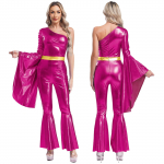 70ndate Disco Vintage Cosplay kost&uuml;&uuml;m Metallic kellukese p&otilde;hjaga pika p&uuml;ksiga kombinesoon Bell Bottom Jazz Dancewear karnevali reivi peokost&uuml;&uuml;m kuum roosa v&auml;rv