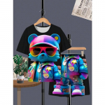 Tween Boy 3D Bear Print Streetwear Style Loose Fit T-s&auml;rgi ja l&uuml;hikeste p&uuml;kste komplekt, r&otilde;ivakomplekt 100