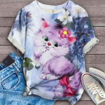 Suvised &uuml;mara kaelusega 3D kassipildiga pluusid, moodsad vabaaja l&uuml;hikeste varrukatega naiste T-s&auml;rgid S