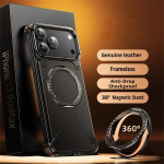 Luksuslik ehtsast nahast telefonikate iPhone 17 16 15 14 13 Pro Max jaoks, Magsafe magnetiline, p&otilde;rutuskindel kaitseriba, 360&deg; p&ouml;&ouml;rleva r&otilde;ngashoidikuga For iPhone 17 Pro Max must