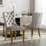 A&A Furniture, Nikki kollektsioon Tuftitud T&auml;ispuidust Sametine S&ouml;&ouml;gilaud Tool Kuldselt Pinnatud Jalgadega, Neetidega Kaunistus, Komplekt 2 tk, Hall ja Kuldne, DE1601GY 65 x 50 x 95 cm hall