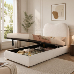 Polsterdatud voodi, Lastevoodi 90 x 200cm, H&uuml;draulilise mehhanismiga funktsionaalne voodi, Voodi lipprestidega, Peatsi ja suure panipaigaga, Boucl&eacute;, Beež 215 x 101 x 98 cm beež