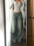 Y2k Vintage Baggy teksad naistele Pestaud Vabaaja K&otilde;rge V&ouml;&ouml;kohaga Lahtised Denim P&uuml;ksid Streetwear Korea Laiade S&auml;&auml;rtega Teksad P&uuml;ksid M sinine