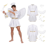 Meeste Ingli Cosplay Kost&uuml;&uuml;m Patchwork Kuldse &Auml;&auml;risega &Uuml;mmarguse Kaelusega Nahkhiirevarrukatega Hommikumantel Sulgedest Tiibade Peakatte, Vibu ja Noole Komplektiga Halloweeni Peoks S valge