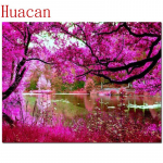 Huacani 5D isetehtud teemantmaal, t&auml;isnurkne puur, Sakura lillemaastik, teemantmosaiik, kivim&uuml;&uuml;k Full Square 25*30 cm