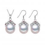 LSOOYH Fashion naturaalsete mageveep&auml;rlitega kaelakee k&otilde;rvar&otilde;ngad naistele lillega punasest kristallist ehtekomplektid 8-9mm pearl valge