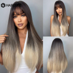 HAIRCUBE Long Straight Brown Ombre Natural Hair Parukad Keskosa Kuumakindlad S&uuml;nteetilised Parukad Afro Naistele Igap&auml;evased Cosplay Moe Parukad