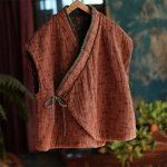 Johnature Naiste Vintage Bandage Plus puuvillased vestid mantlid V-kaelusega varrukateta talveriided soojad naiste hiina stiilis vestid One Size tumepruun v&auml;rv