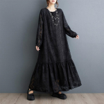 Pikkade varrukatega Suures suuruses jacquard vintage lilleline uus kleit naistele vaba kevadine s&uuml;giskleit must