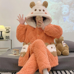 Talvised Paksud Korallfliisist Pidžaamad Naiste Kolmekihiline Tepitud Jakk Armas Soe Kapuutsiga Koduteenuse &Uuml;likond S oranž