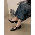 Prantsuse paksu kontsaga teravatipulised Mary Jane kingad, naiste kingad, suvised mustad v&auml;ikesed nahast kingad. 35 pruun