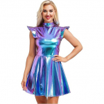 Naiste l&auml;ikiv metallik minikleit holograafiline seksikas varrukateta skater kleit pidu rave tantsukleit 2XL sinine/mitmev&auml;rviline