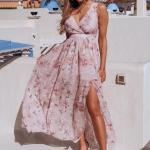 2025. aasta uus kevad-suvi tr&uuml;kitud &scaron;ifoonkleit varrukateta puhkuse rannal&otilde;hikuga pikk kleit S roosa