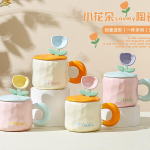 Creative Small Flower Ceramic Cup with Lid and Spoon Pastoral Ins Style Mug Personalized Girl's High Value Water Cup 450ML