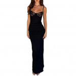 Naiste pitsiga cami bodycon maksikleit spagetirihmade ja varrukateta l&otilde;ikega, l&otilde;hikuga pikk kleit, seksikas madala dekolteega &otilde;htukleit kokteilipidudeks, &ouml;&ouml;klubideks S must