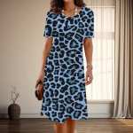 Naiste moodne graatsiline leopardprindiga suvine kevadine l&uuml;hikeste varrukatega O-kaelusega vabaajakleidid XS sinine