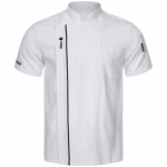 Unisex Lightweight Chef Jacket Short Sleeve Stand Collar Letter Embroidery Contrast Trim Kitchen Uniform Professional Cookwear L