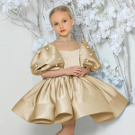 Piiri&uuml;lene puhvvarrukatega printsesskleit t&uuml;drukutele - lillet&uuml;druk, pulmad, s&uuml;nnip&auml;ev, pidu v&otilde;i klaveriesinemine. 110cm (5Y) khaki