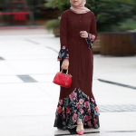 Naiste moe lilleline lapit&ouml;&ouml; Dubai Abaya varrukatega maapikkus Araabia moslemi islami kleit S~5XL XL punane