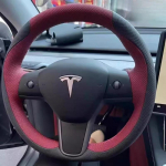 For Tesla Model 3 Model Y 2018- Hand stitched non-slip Black red Leather car Steering Wheel Cover 3