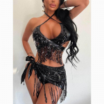 Uus suvine soliidne kolmeosaline ujumistrikoo komplekt naiste bikiinid, l&auml;ikivad litrid, seksikas tutt, 3-osaline &uuml;likond, mood Slim Fit p&auml;itsetega ujumistrikoo bikiinikomplekt 24331 L must