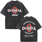 Vintage pestud Olympia j&otilde;usaali fitnessi t-s&auml;rk Moodsad meeste l&uuml;hikeste varrukatega s&auml;rgid Puuvillased &uuml;mmarguse kaelusega &uuml;legabariidilised t-s&auml;rgid Streetweari unisex L black
