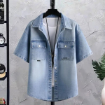 Suvised Meeste R&otilde;ivad Denim L&uuml;hikeste Varrukatega S&auml;rk Meeste Retro &Otilde;huke Hele Sinine Vabaaja Top &Uuml;li&otilde;pilase Poolvarrukaga S&auml;rk Taskuga 4XL sinine