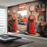 Retro Road Trip B&auml;nner Route 66 Bensiinijaam Auto Teema Ilmastikukindel Nostalgiline Peo Taustakodu Kaunistus 150X200CM