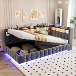 Multifunktsionaalne polsterdatud diivanvoodi 90 &times; 200 cm, h&uuml;drauliline panipaik, puidust riiul, LED-riba, pistikupesa, USB/Type-C laadimine, sametkangas tumehall 217 x 105.5 x 85 cm hall