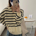 Klassikaline retro vabaaja triibuline pullover kampsun kootud pullover naiste s&uuml;gis-talvine uus avara pikkade varrukatega naiste tuuletopp One Size must