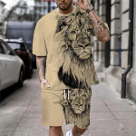 Suures suuruses 3D Lion Print meeste lahedate T-s&auml;rkide l&uuml;hikeste p&uuml;kste komplekt Sportimiseks, fitnessiks Summer Street Style Oversized Graphic 2 tk Meeste riided S